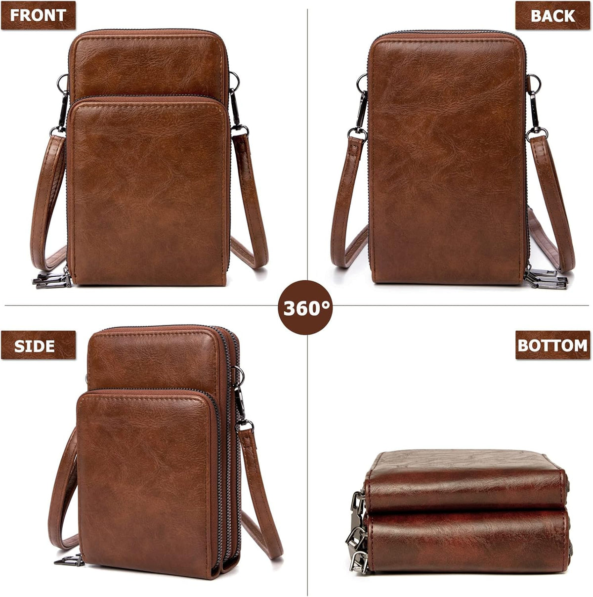 Small Cell Phone Crossbody Bag, Multi-pocket & 6 Card Slots | 6 card slots, multi-pocket zipper layout and soft synthetic leather keep phone, lipstick, coins and keys ready outdoors