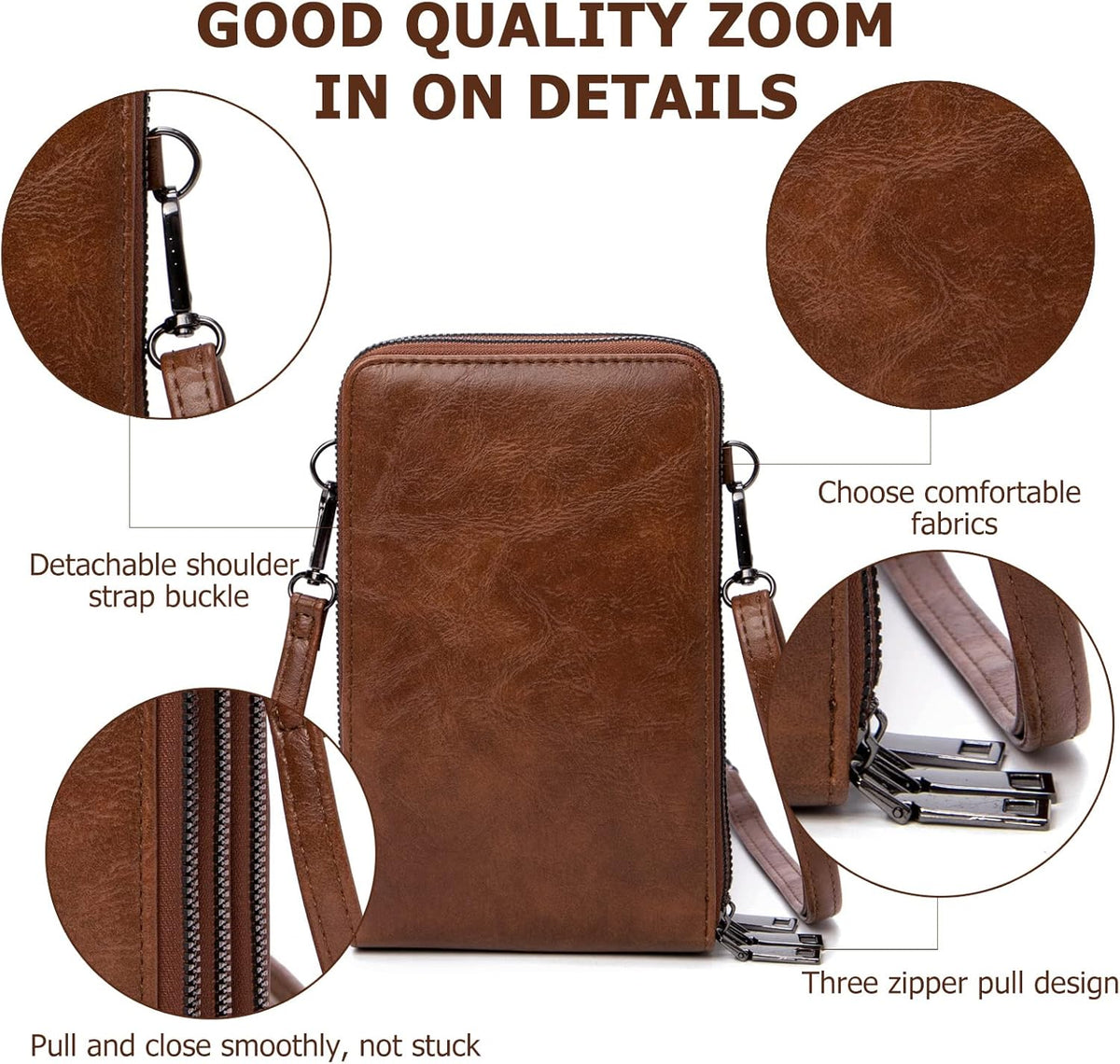 Small Cell Phone Crossbody Bag, Multi-pocket & 6 Card Slots | 6 card slots, multi-pocket zipper layout and soft synthetic leather keep phone, lipstick, coins and keys ready outdoors