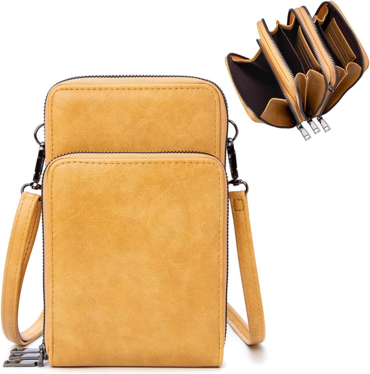 Small Cell Phone Crossbody Bag, Multi-pocket & 6 Card Slots | 6 card slots, multi-pocket zipper layout and soft synthetic leather keep phone, lipstick, coins and keys ready outdoors