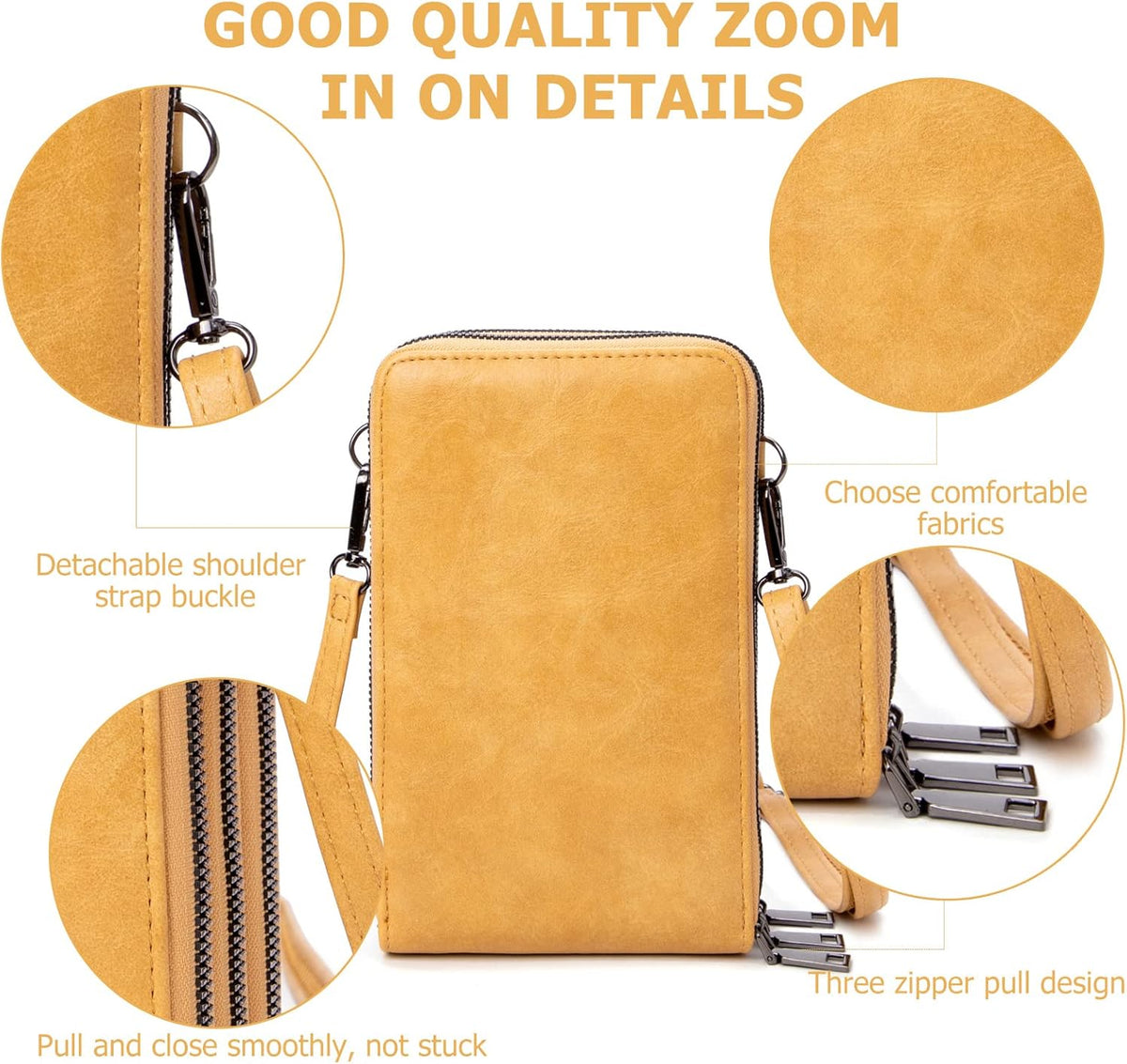 Small Cell Phone Crossbody Bag, Multi-pocket & 6 Card Slots | 6 card slots, multi-pocket zipper layout and soft synthetic leather keep phone, lipstick, coins and keys ready outdoors
