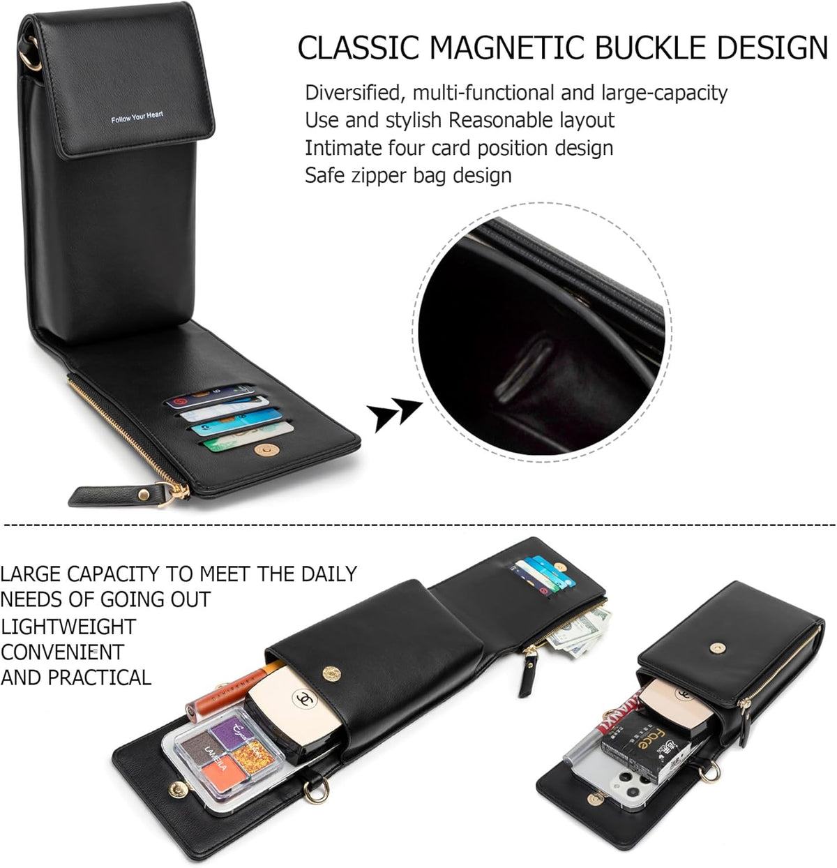 Small Cell Phone Crossbody Bag, Multi-pocket & 6 Card Slots | 6 card slots, multi-pocket zipper layout and soft synthetic leather keep phone, lipstick, coins and keys ready outdoors