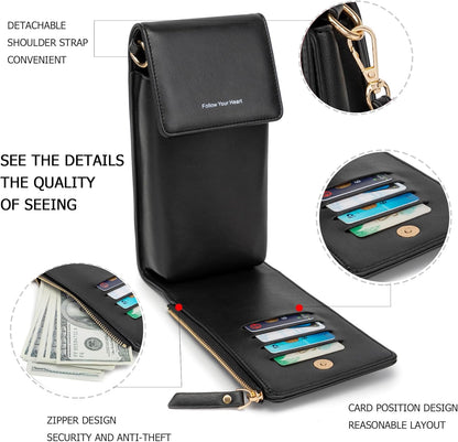 Small Cell Phone Crossbody Bag, Multi-pocket & 6 Card Slots | 6 card slots, multi-pocket zipper layout and soft synthetic leather keep phone, lipstick, coins and keys ready outdoors