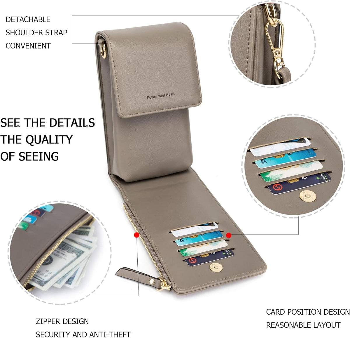 Small Cell Phone Crossbody Bag, Multi-pocket & 6 Card Slots | 6 card slots, multi-pocket zipper layout and soft synthetic leather keep phone, lipstick, coins and keys ready outdoors