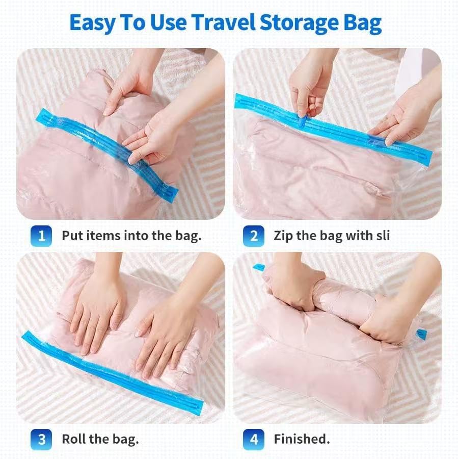12 Pack Roll Up Compression Bags for Travel No Pump Needed Space Saver Bags Reusable Hand Roll Vacuum Storage Bags for Clothes Luggage Organizer Bags for Travel Essentials Clear