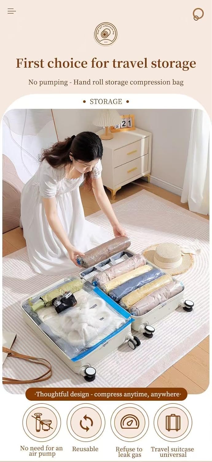 12 Pack Roll Up Compression Bags for Travel No Pump Needed Space Saver Bags Reusable Hand Roll Vacuum Storage Bags for Clothes Luggage Organizer Bags for Travel Essentials Clear