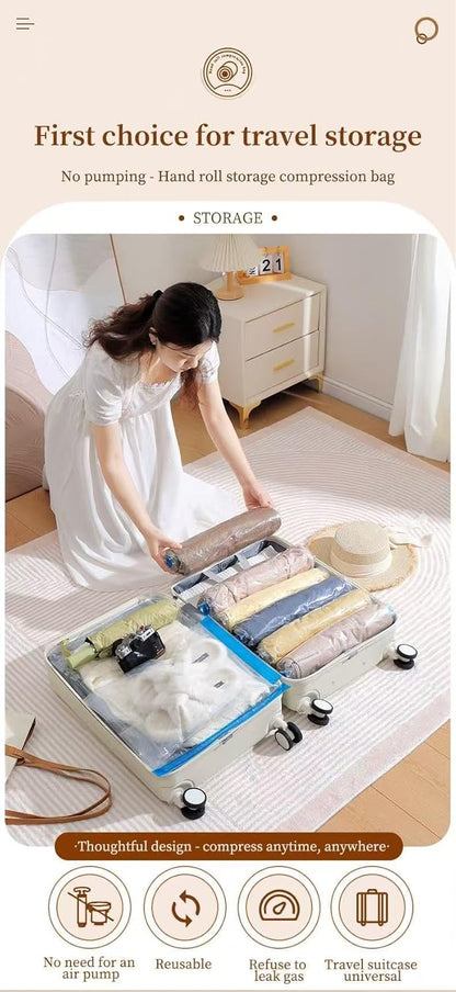 12 Pack Roll Up Compression Bags for Travel No Pump Needed Space Saver Bags Reusable Hand Roll Vacuum Storage Bags for Clothes Luggage Organizer Bags for Travel Essentials Clear