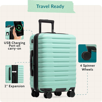 Boren Expandable Hardside Rugged Travel Luggage with 8 Spinner Wheels, Mint, Carry-on 22-Inch