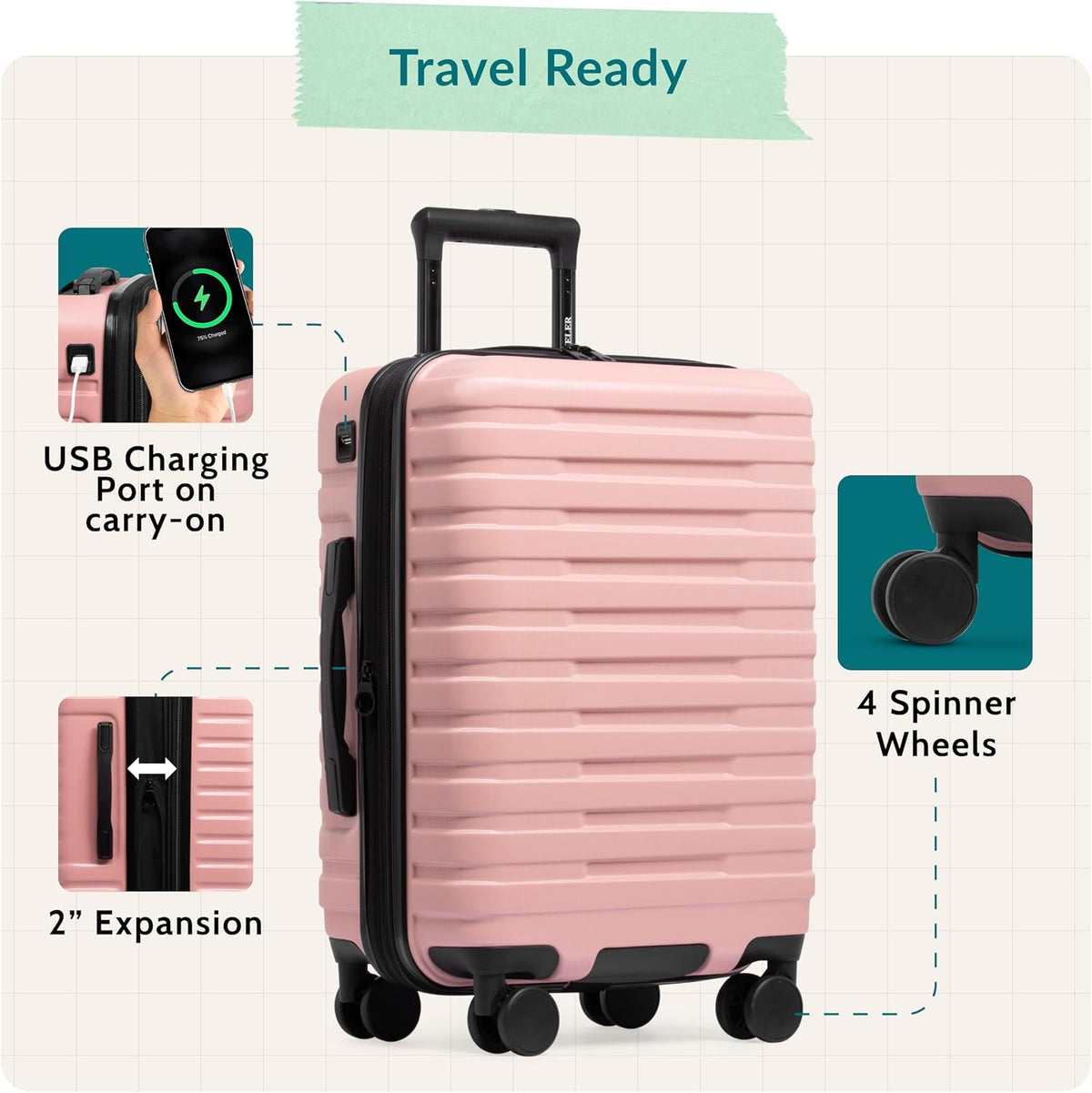 Boren Expandable Hardside Rugged Travel Luggage with 8 Spinner Wheels, Mint, Carry-on 22-Inch