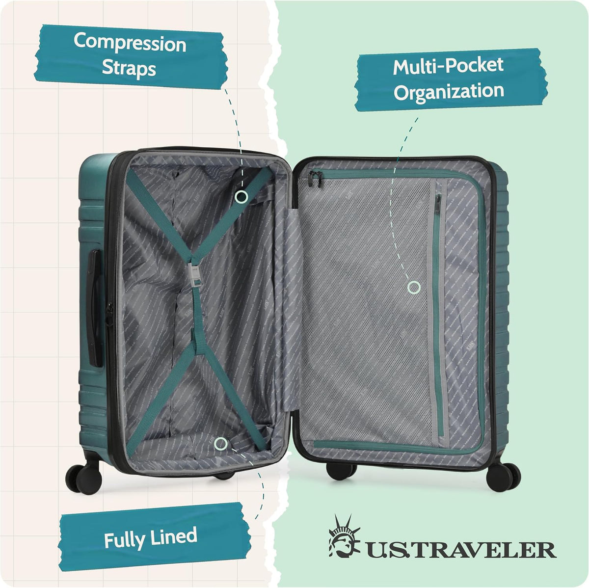 Boren Expandable Hardside Rugged Travel Luggage with 8 Spinner Wheels, Mint, Carry-on 22-Inch