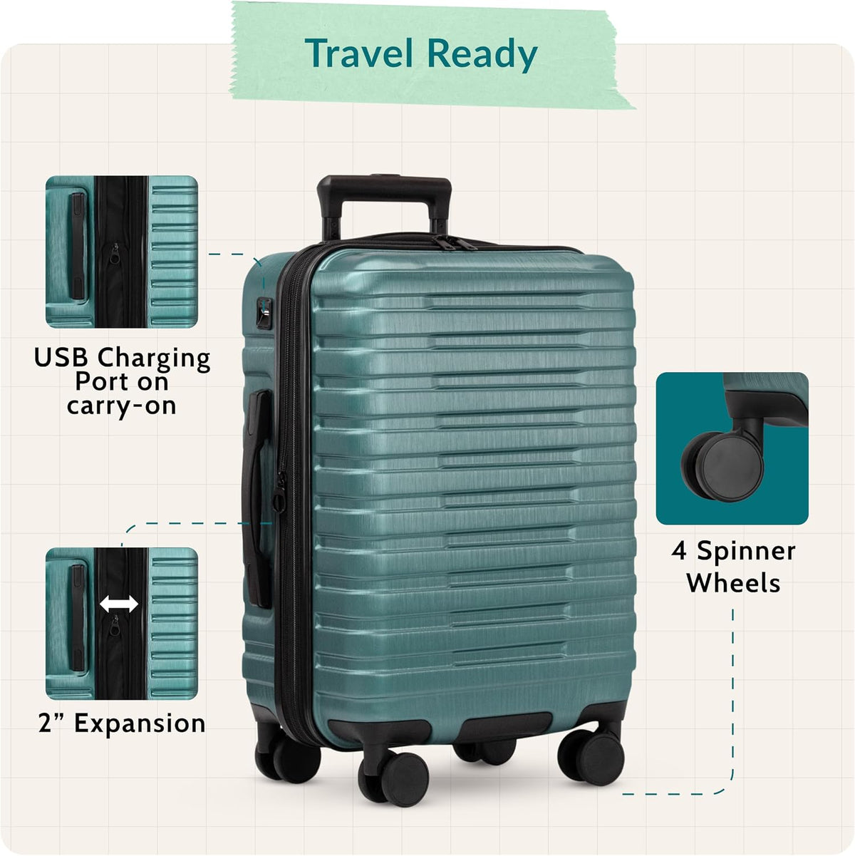 Boren Expandable Hardside Rugged Travel Luggage with 8 Spinner Wheels, Mint, Carry-on 22-Inch