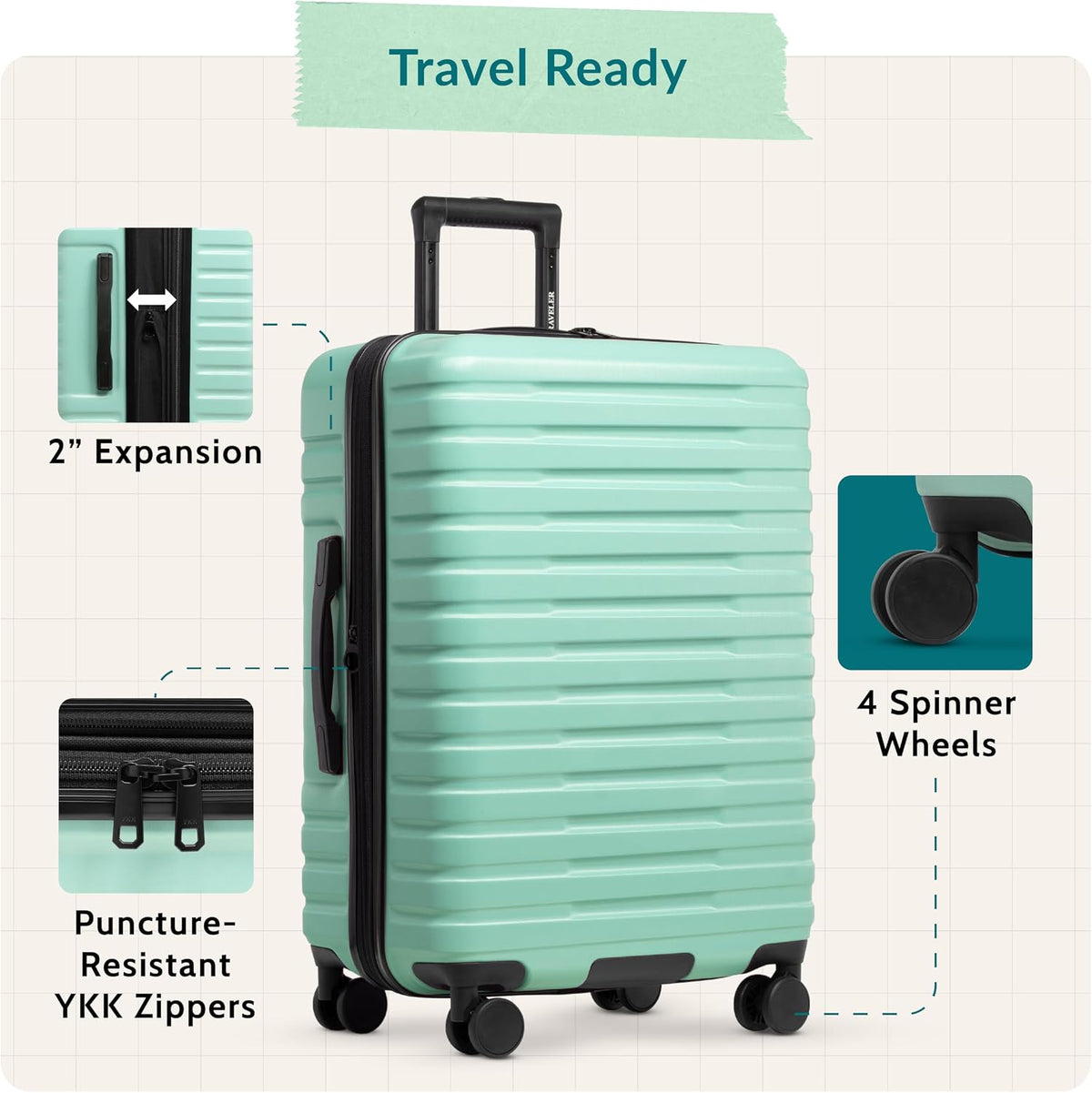 Boren Expandable Hardside Rugged Travel Luggage with 8 Spinner Wheels, Mint, Carry-on 22-Inch