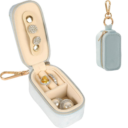 Small Travel Jewelry Box Keychain, Portable Storage Ring Necklace Earrings Holder Case Organizer Gift for Women (Blue)