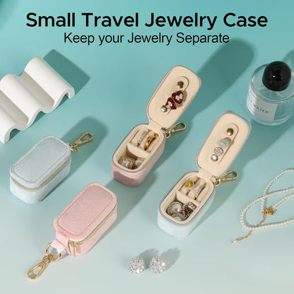 Small Travel Jewelry Box Keychain, Portable Storage Ring Necklace Earrings Holder Case Organizer Gift for Women (Blue)
