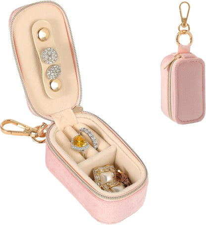 Small Travel Jewelry Box Keychain, Portable Storage Ring Necklace Earrings Holder Case Organizer Gift for Women (Blue)