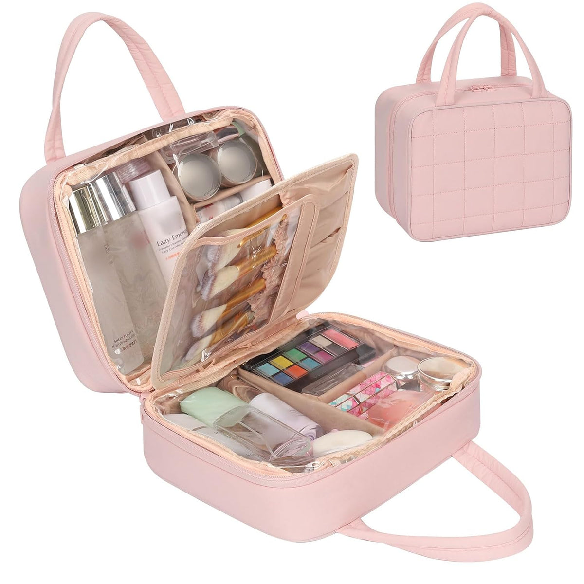 Travel Makeup Bag, Large Capacity Cosmetic Bag, Portable Make Up Bag Organizer for Women, Waterproof Cosmetic Travel Bag with Dividers and Brush Compartment for Cosmetics & Toiletries