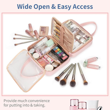 Travel Makeup Bag, Large Capacity Cosmetic Bag, Portable Make Up Bag Organizer for Women, Waterproof Cosmetic Travel Bag with Dividers and Brush Compartment for Cosmetics & Toiletries