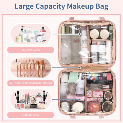 Travel Makeup Bag, Large Capacity Cosmetic Bag, Portable Make Up Bag Organizer for Women, Waterproof Cosmetic Travel Bag with Dividers and Brush Compartment for Cosmetics & Toiletries