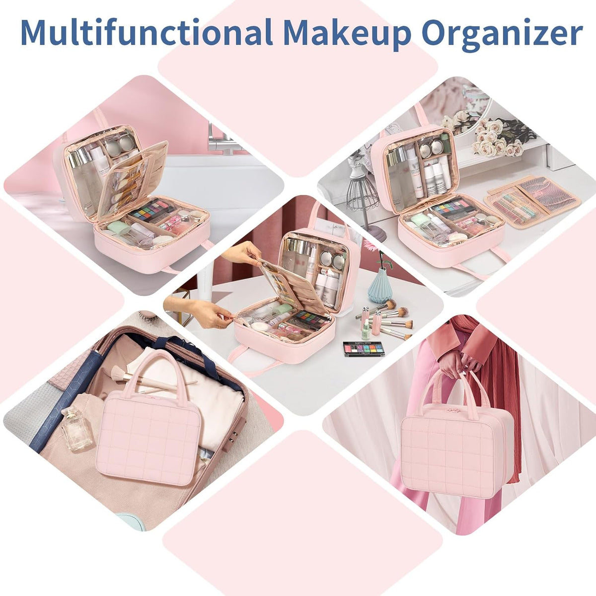 Travel Makeup Bag, Large Capacity Cosmetic Bag, Portable Make Up Bag Organizer for Women, Waterproof Cosmetic Travel Bag with Dividers and Brush Compartment for Cosmetics & Toiletries