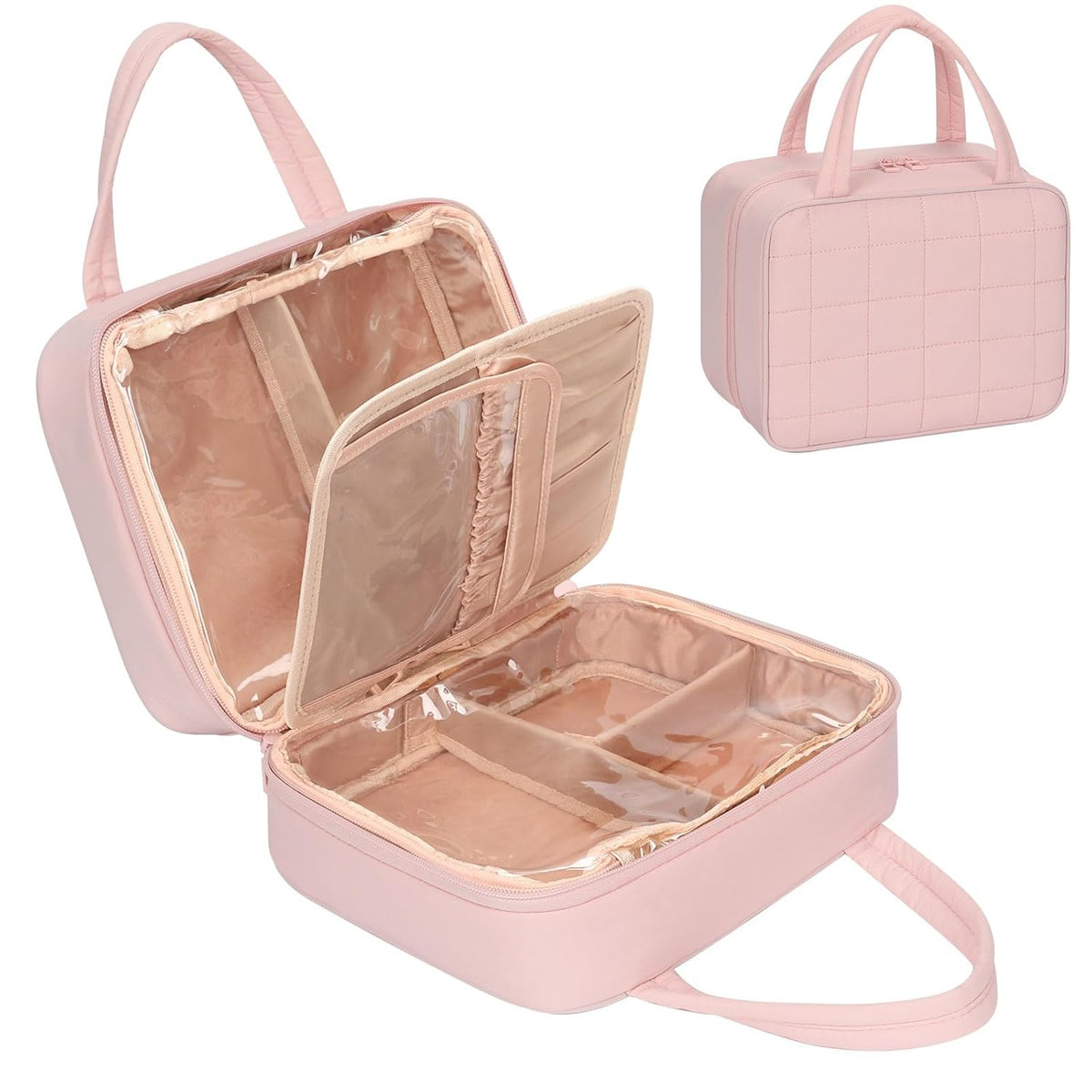 Travel Makeup Bag, Large Capacity Cosmetic Bag, Portable Make Up Bag Organizer for Women, Waterproof Cosmetic Travel Bag with Dividers and Brush Compartment for Cosmetics & Toiletries