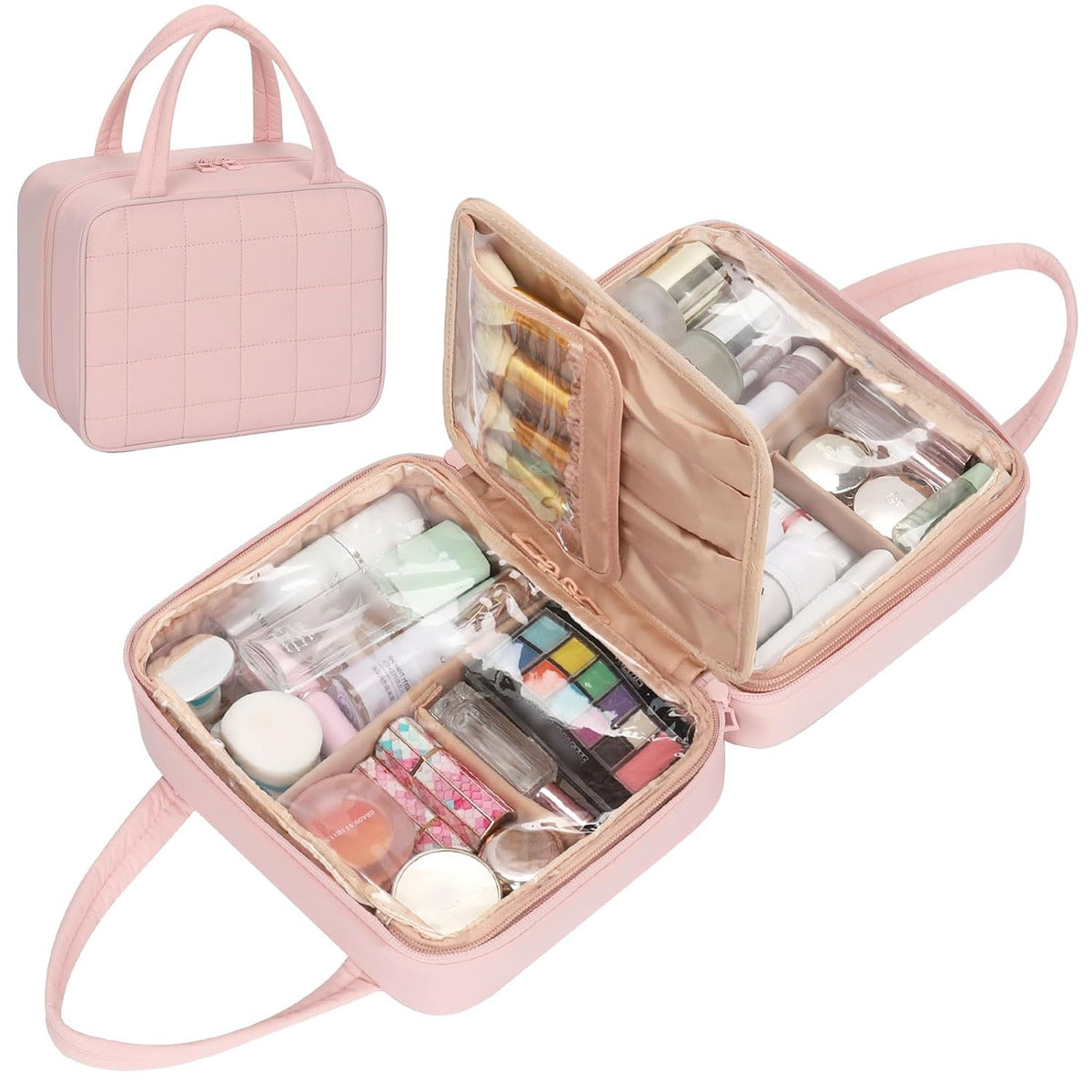 Travel Makeup Bag, Large Capacity Cosmetic Bag, Portable Make Up Bag Organizer for Women, Waterproof Cosmetic Travel Bag with Dividers and Brush Compartment for Cosmetics & Toiletries