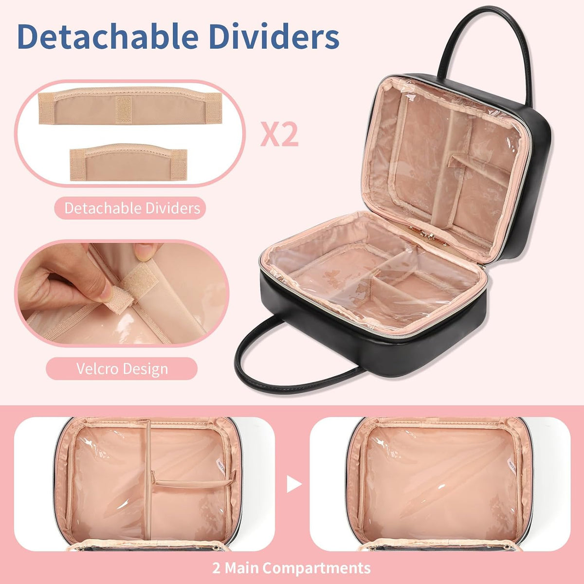 Travel Makeup Bag, Large Capacity Cosmetic Bag, Portable Make Up Bag Organizer for Women, Waterproof Cosmetic Travel Bag with Dividers and Brush Compartment for Cosmetics & Toiletries