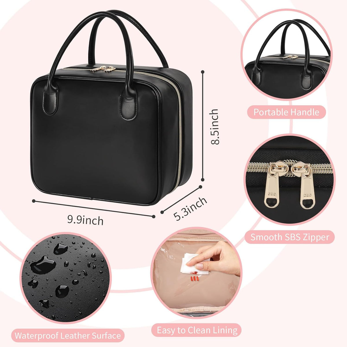 Travel Makeup Bag, Large Capacity Cosmetic Bag, Portable Make Up Bag Organizer for Women, Waterproof Cosmetic Travel Bag with Dividers and Brush Compartment for Cosmetics & Toiletries