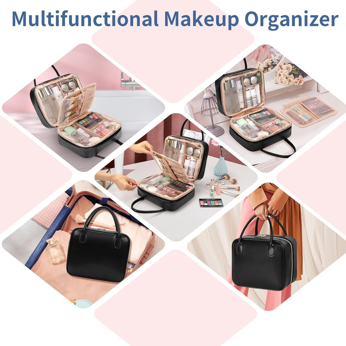 Travel Makeup Bag, Large Capacity Cosmetic Bag, Portable Make Up Bag Organizer for Women, Waterproof Cosmetic Travel Bag with Dividers and Brush Compartment for Cosmetics & Toiletries