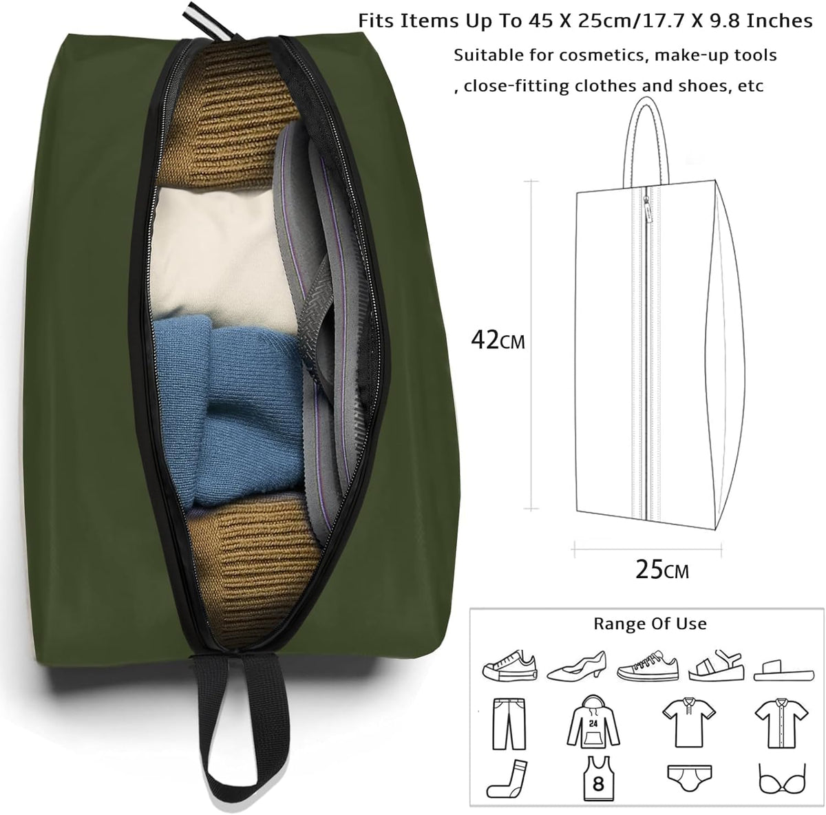 Shoe Bags for Travel Waterproof Odor Absorbing Lightweight Golf Soccer Shoe Storage Organizer Pouch with Smooth Zipper and Handle, Portable Travel Essentials (Dark Green)