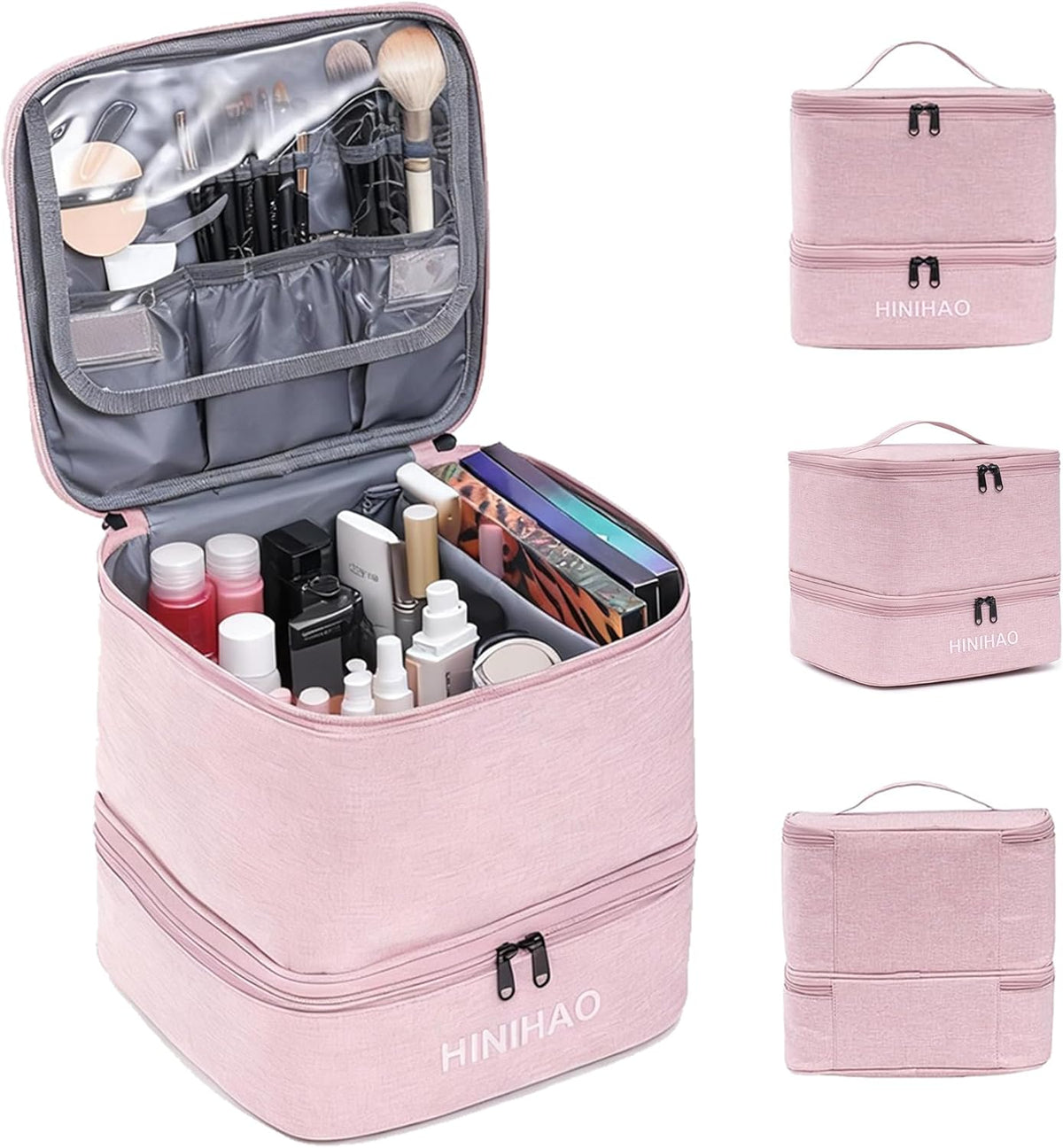 Makeup Bag, Portable Cosmetic Bag, Travel Makeup Organizer With Handle and Divider, Double Layer Large Organizer Bag, Adjustable Dividers and Brush Organize area- Pink (makeup bag-small)