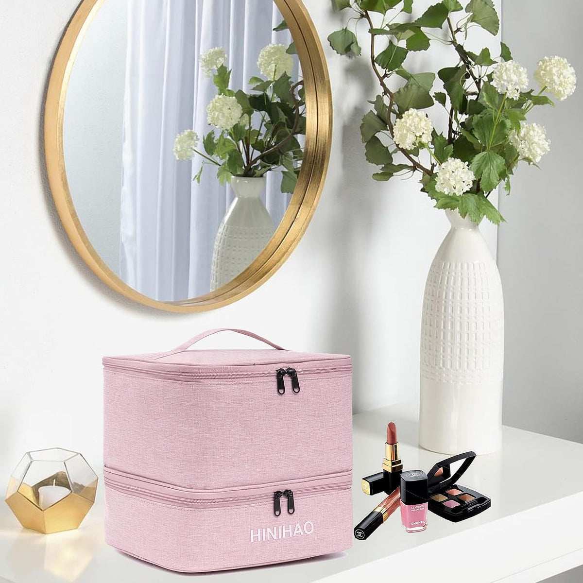 Makeup Bag, Portable Cosmetic Bag, Travel Makeup Organizer With Handle and Divider, Double Layer Large Organizer Bag, Adjustable Dividers and Brush Organize area- Pink (makeup bag-small)