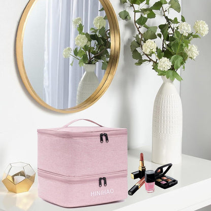 Makeup Bag, Portable Cosmetic Bag, Travel Makeup Organizer With Handle and Divider, Double Layer Large Organizer Bag, Adjustable Dividers and Brush Organize area- Pink (makeup bag-small)