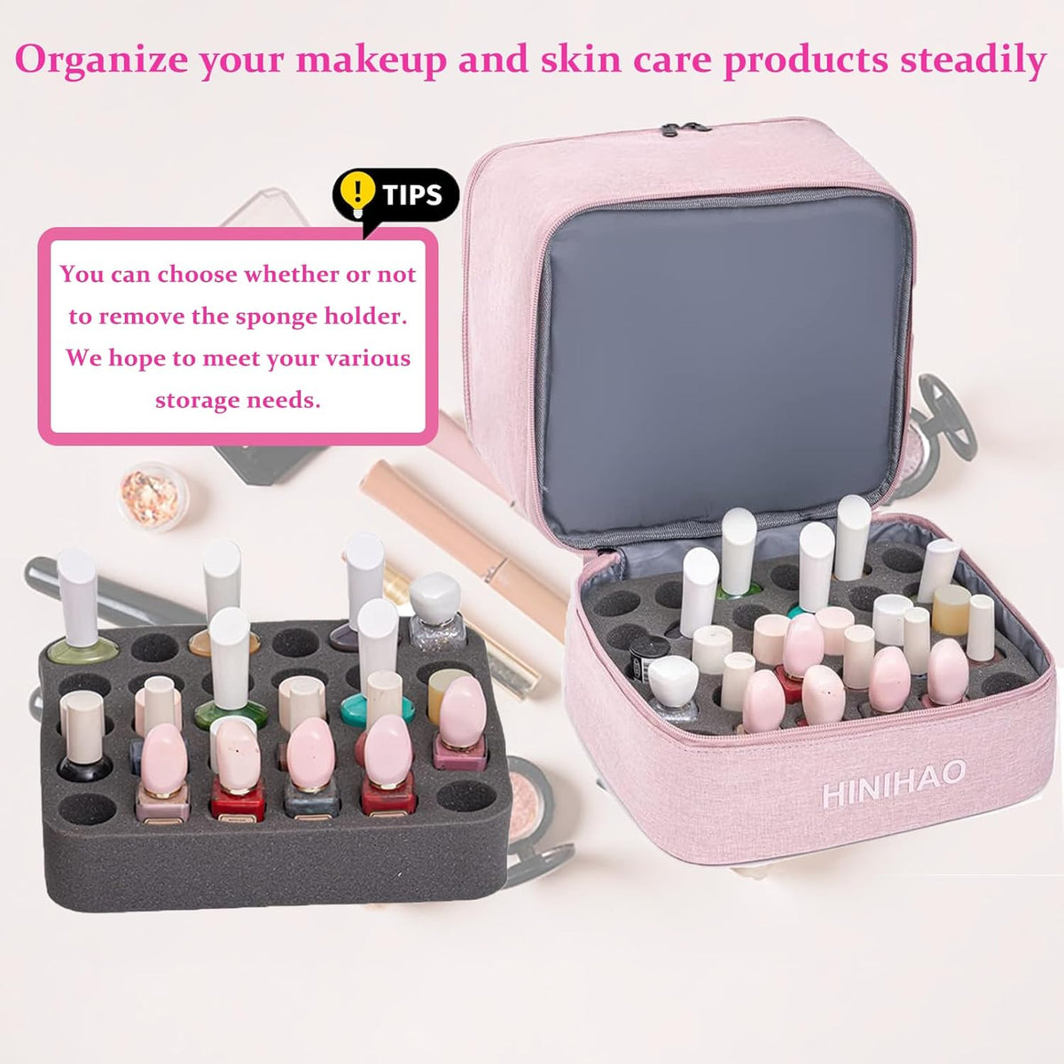 Makeup Bag, Portable Cosmetic Bag, Travel Makeup Organizer With Handle and Divider, Double Layer Large Organizer Bag, Adjustable Dividers and Brush Organize area- Pink (makeup bag-small)