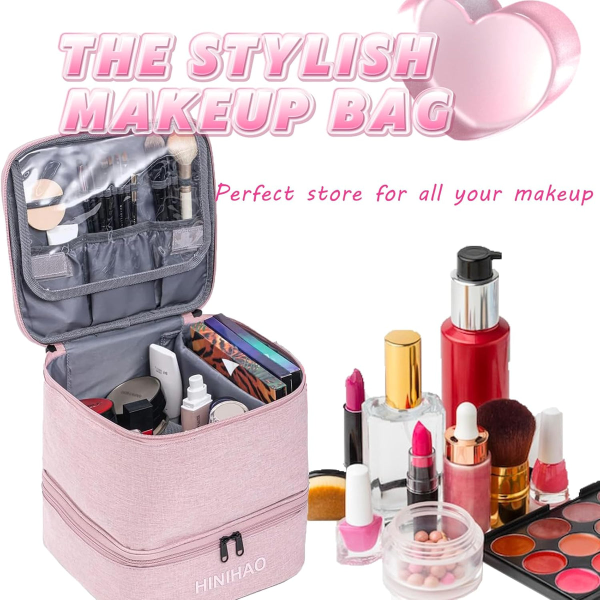 Makeup Bag, Portable Cosmetic Bag, Travel Makeup Organizer With Handle and Divider, Double Layer Large Organizer Bag, Adjustable Dividers and Brush Organize area- Pink (makeup bag-small)