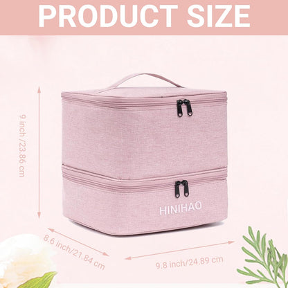 Makeup Bag, Portable Cosmetic Bag, Travel Makeup Organizer With Handle and Divider, Double Layer Large Organizer Bag, Adjustable Dividers and Brush Organize area- Pink (makeup bag-small)