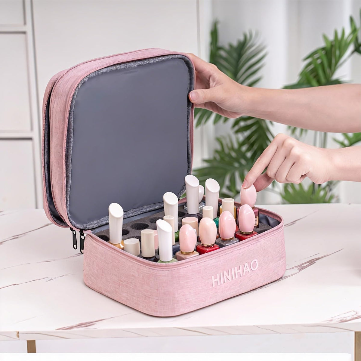 Makeup Bag, Portable Cosmetic Bag, Travel Makeup Organizer With Handle and Divider, Double Layer Large Organizer Bag, Adjustable Dividers and Brush Organize area- Pink (makeup bag-small)