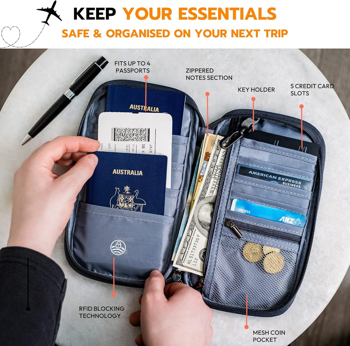Zoom Lite Premium Travel Document Organizer, Travel Wallet Passport Holder Family 4 with RFID Protection and Removable Wristlet - Fits Passports Bag, Cards, Money, and More for Women and Men – Red