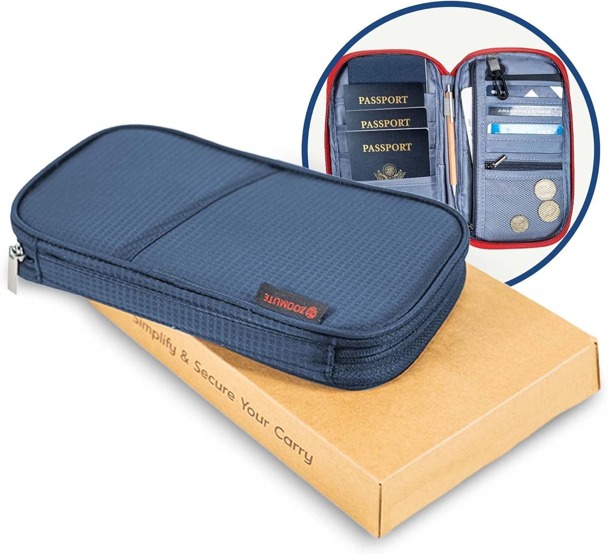 Zoom Lite Premium Travel Document Organizer, Travel Wallet Passport Holder Family 4 with RFID Protection and Removable Wristlet - Fits Passports Bag, Cards, Money, and More for Women and Men – Red