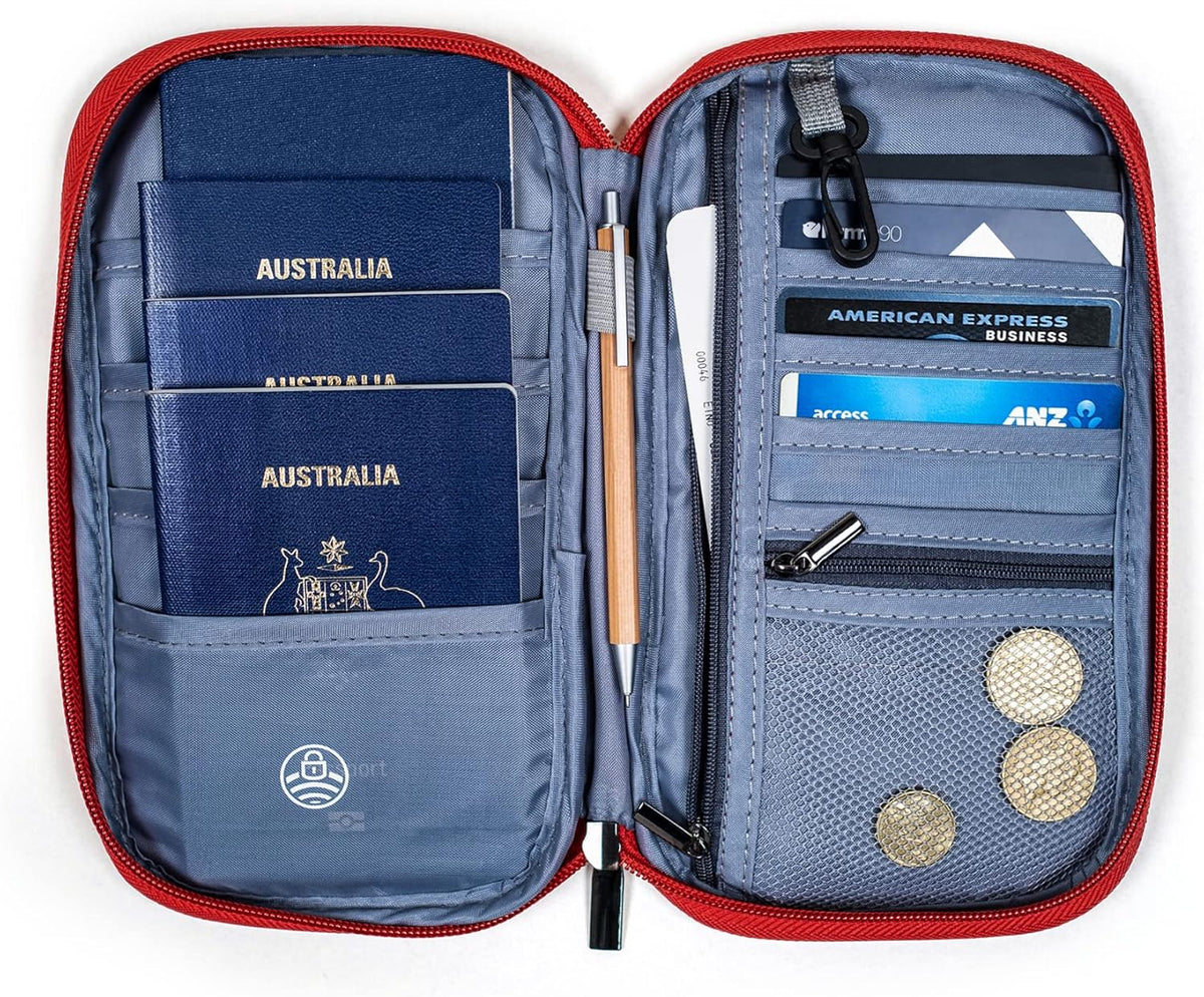 Zoom Lite Premium Travel Document Organizer, Travel Wallet Passport Holder Family 4 with RFID Protection and Removable Wristlet - Fits Passports Bag, Cards, Money, and More for Women and Men – Red
