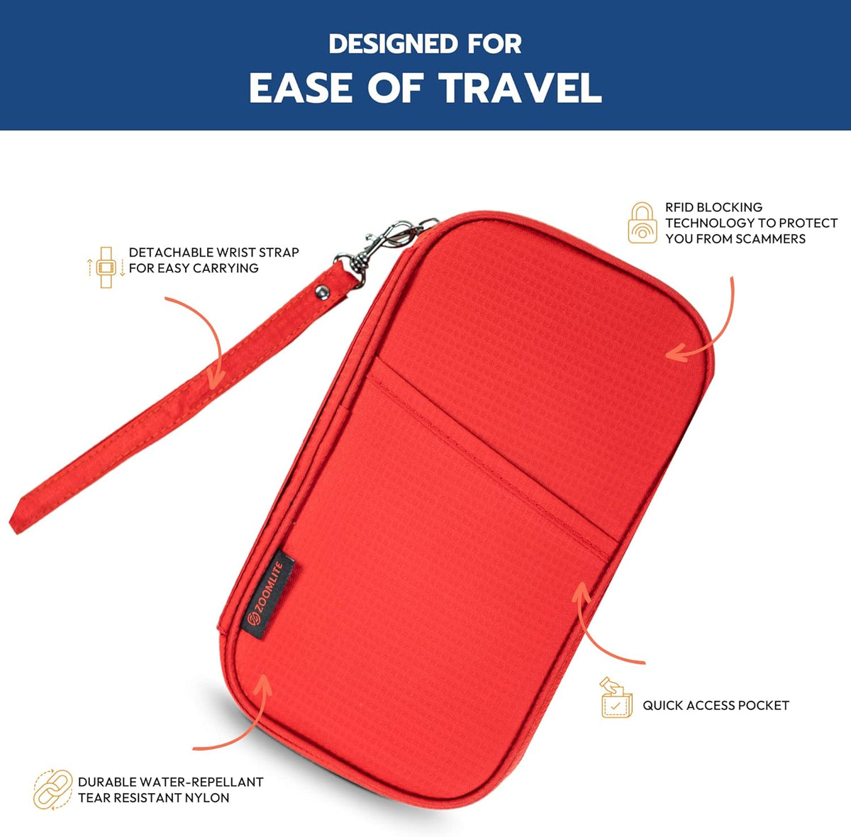 Zoom Lite Premium Travel Document Organizer, Travel Wallet Passport Holder Family 4 with RFID Protection and Removable Wristlet - Fits Passports Bag, Cards, Money, and More for Women and Men – Red