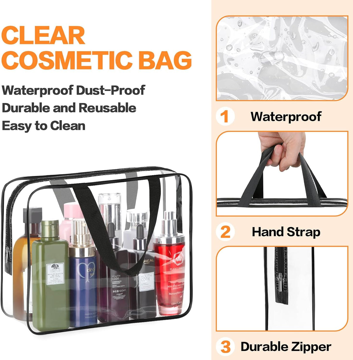 2-Piece Large Clear Makeup Cosmetic Organizer Bag, Plastic Tote Bags, Waterproof Transparent Handbag Purse