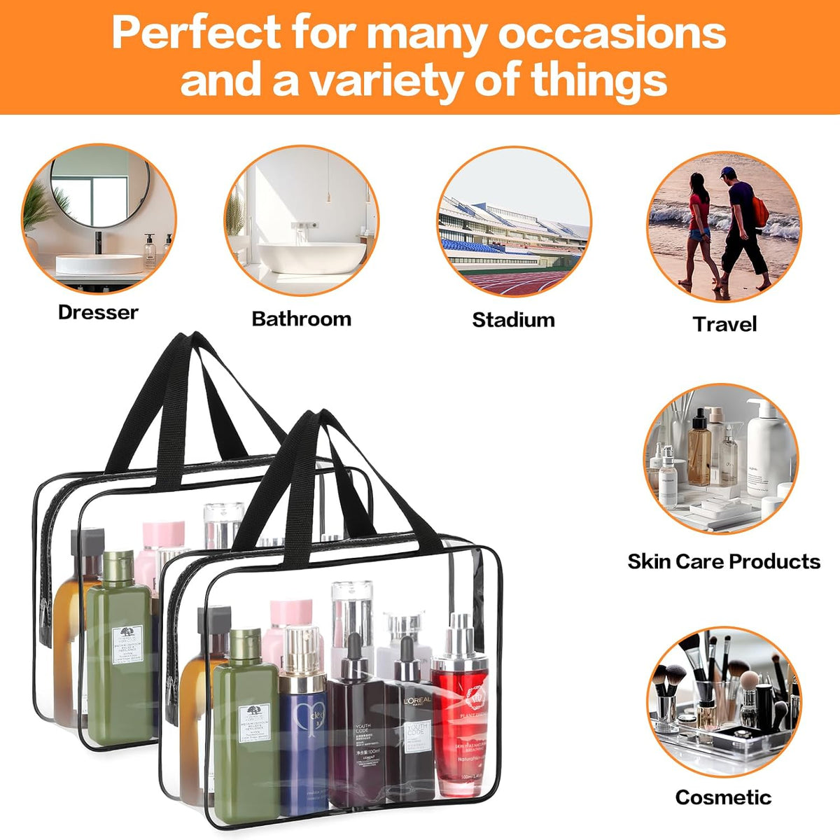 2-Piece Large Clear Makeup Cosmetic Organizer Bag, Plastic Tote Bags, Waterproof Transparent Handbag Purse