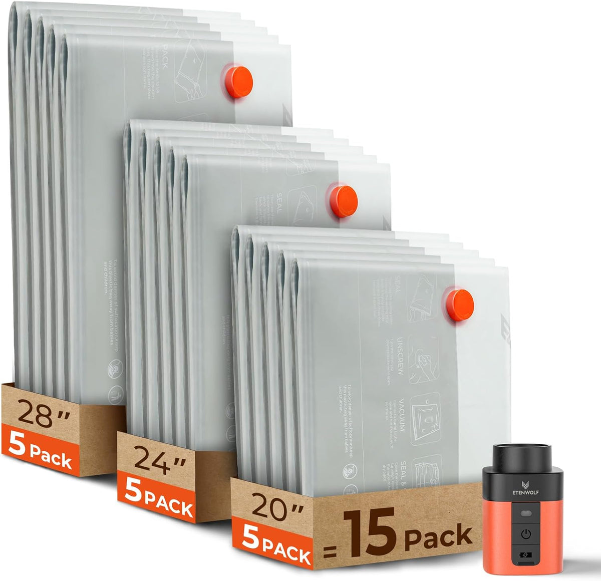 15 Pack Reusable Vacuum Storage Bags for Travel with Rechargeable Air Pump,Vacuum Compression Packing Seal for Clothes, Blankets, Seasonal Storage,Carry-On Space Saver Bags in 3 Sizes