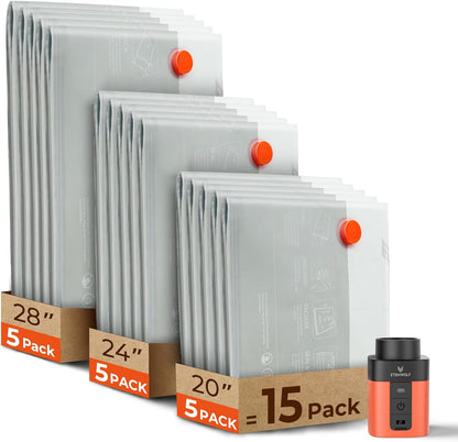 15 Pack Reusable Vacuum Storage Bags for Travel with Rechargeable Air Pump,Vacuum Compression Packing Seal for Clothes, Blankets, Seasonal Storage,Carry-On Space Saver Bags in 3 Sizes