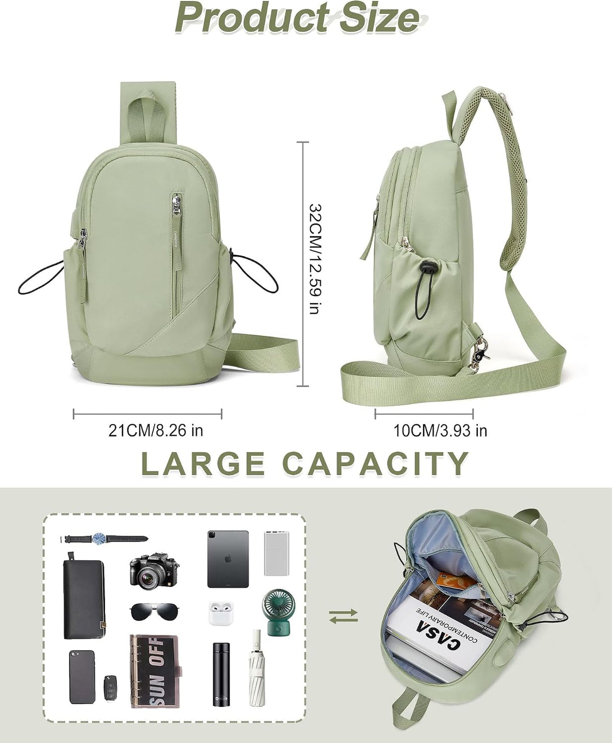 Sling Backpack bag for Men, Multipurpose Crossbody Shoulder Bag for Travel Hiking Daypack Green
