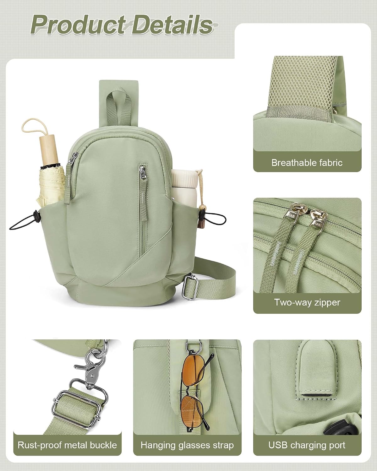 Sling Backpack bag for Men, Multipurpose Crossbody Shoulder Bag for Travel Hiking Daypack Green