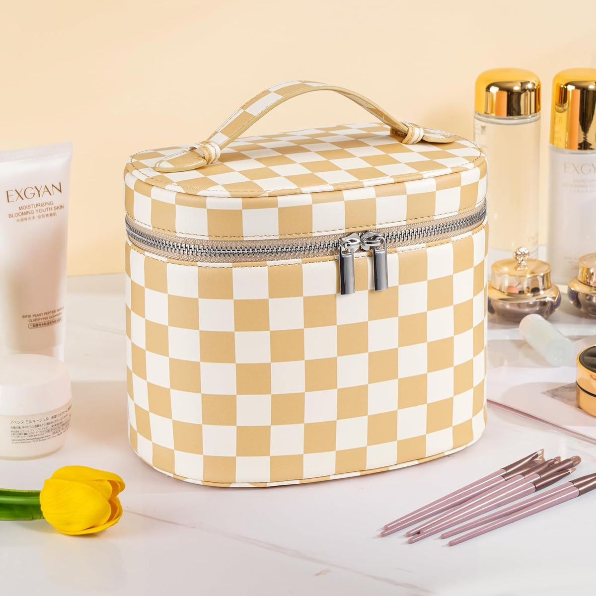 Makeup Bag Vanity Case Cosmetic Bag with Removable Divider Travel Toiletry Bag for Women Portable Make up Box Organizer, Dark Brown