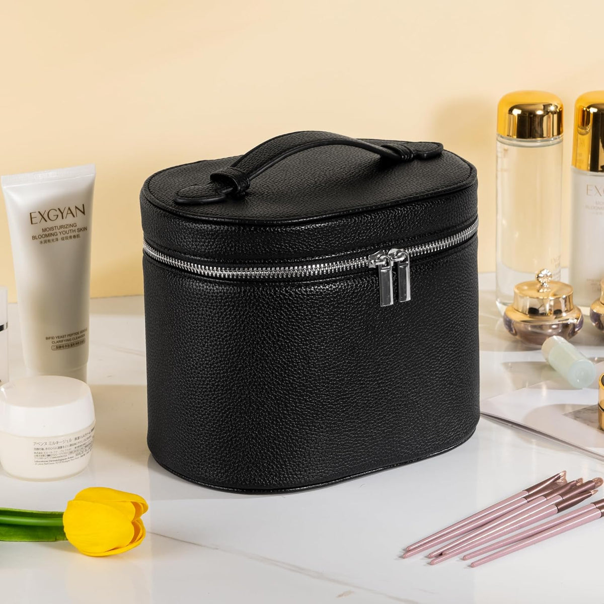 Makeup Bag Vanity Case Cosmetic Bag with Removable Divider Travel Toiletry Bag for Women Portable Make up Box Organizer, Dark Brown