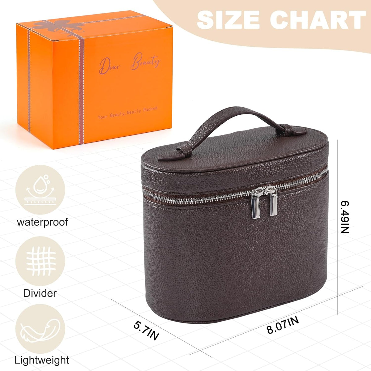 Makeup Bag Vanity Case Cosmetic Bag with Removable Divider Travel Toiletry Bag for Women Portable Make up Box Organizer, Dark Brown