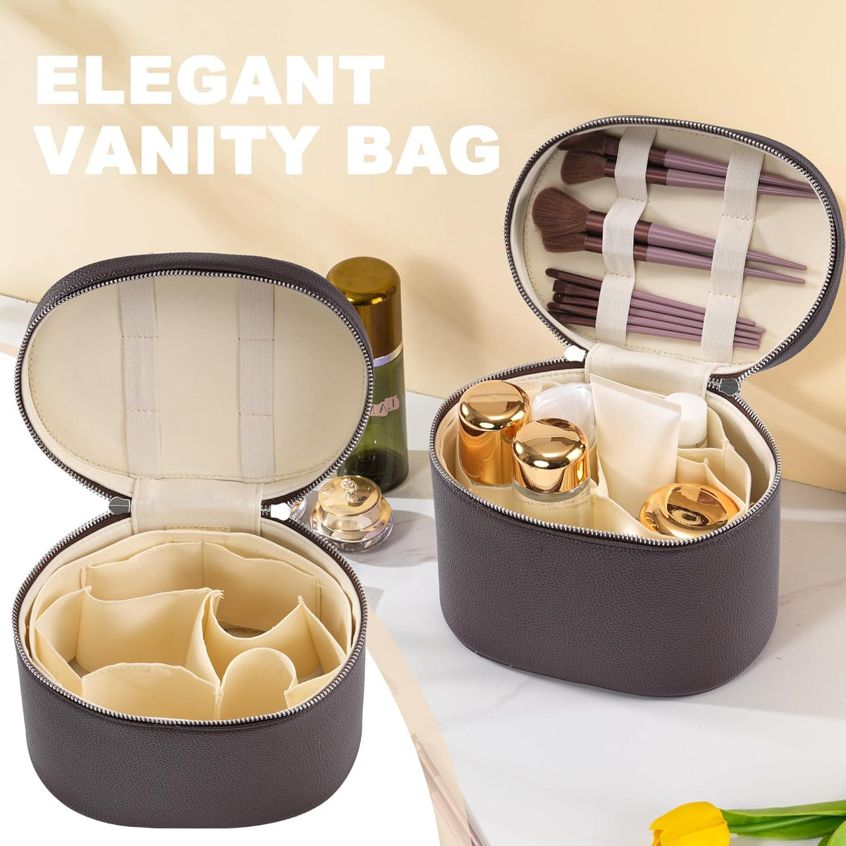 Makeup Bag Vanity Case Cosmetic Bag with Removable Divider Travel Toiletry Bag for Women Portable Make up Box Organizer, Dark Brown