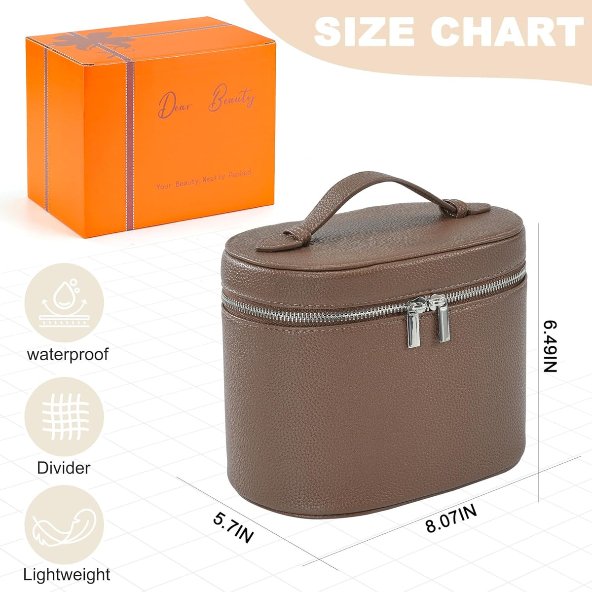 Makeup Bag Vanity Case Cosmetic Bag with Removable Divider Travel Toiletry Bag for Women Portable Make up Box Organizer, Dark Brown